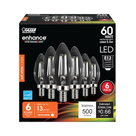 Feit Electric Feit Enhance B10 E12 (Candelabra) LED Bulb Soft White 60 Watt Equivalence 6 pk CTC60/927CAFIL6